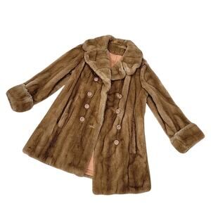 Vintage 60’s Tissavel Faux Fur Tan Cream Mid Length PeaCoat Double Breast Sz S/M